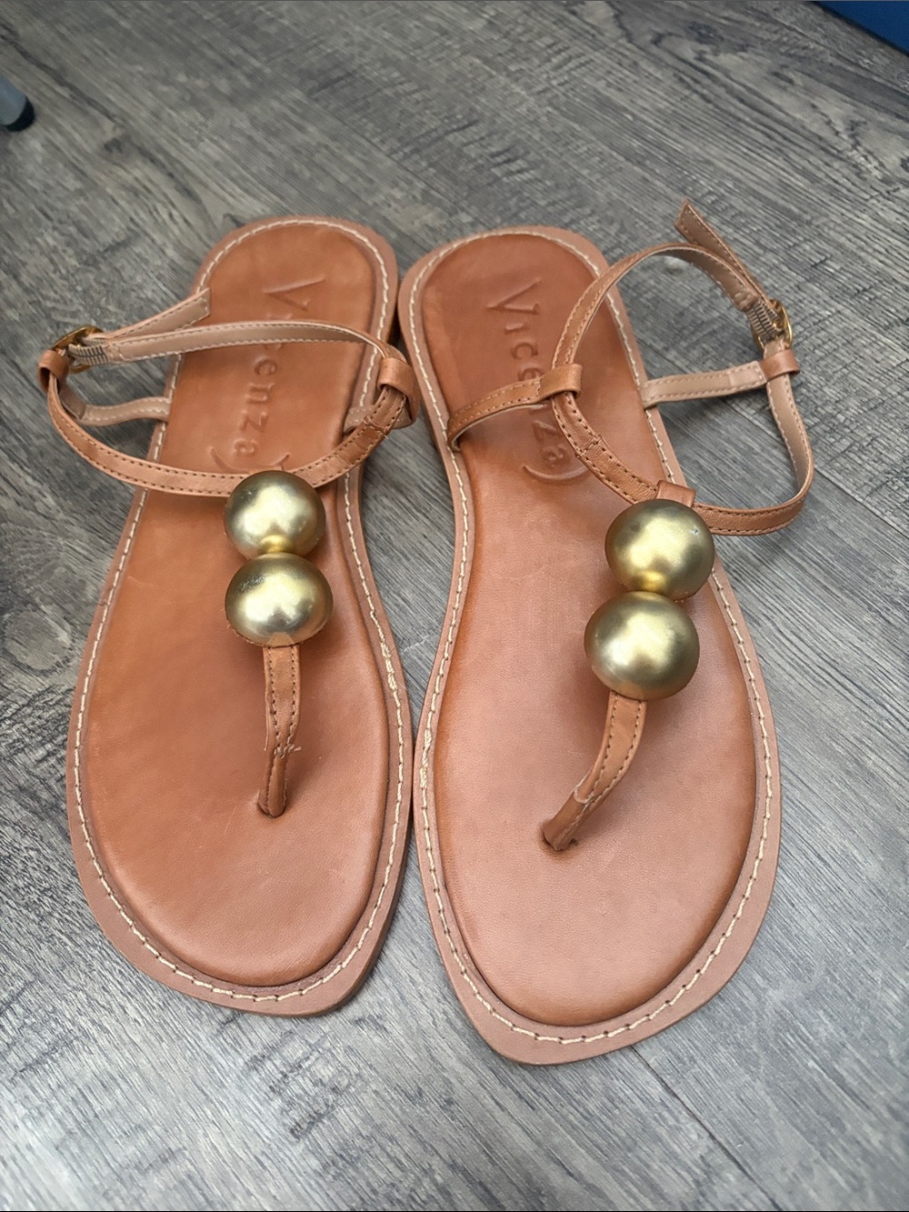 Anthropologie Tan Leather T-Strap Sandals with Gold Orb Accents